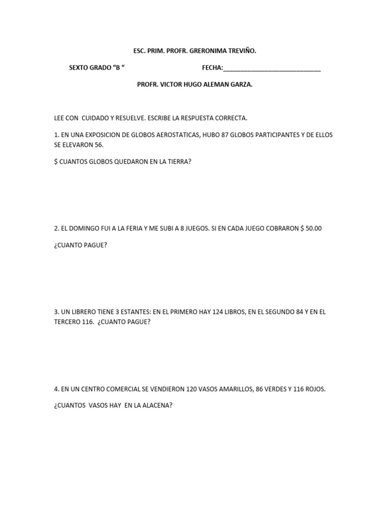 Problemario Escolar de Sexto Grado. PDF