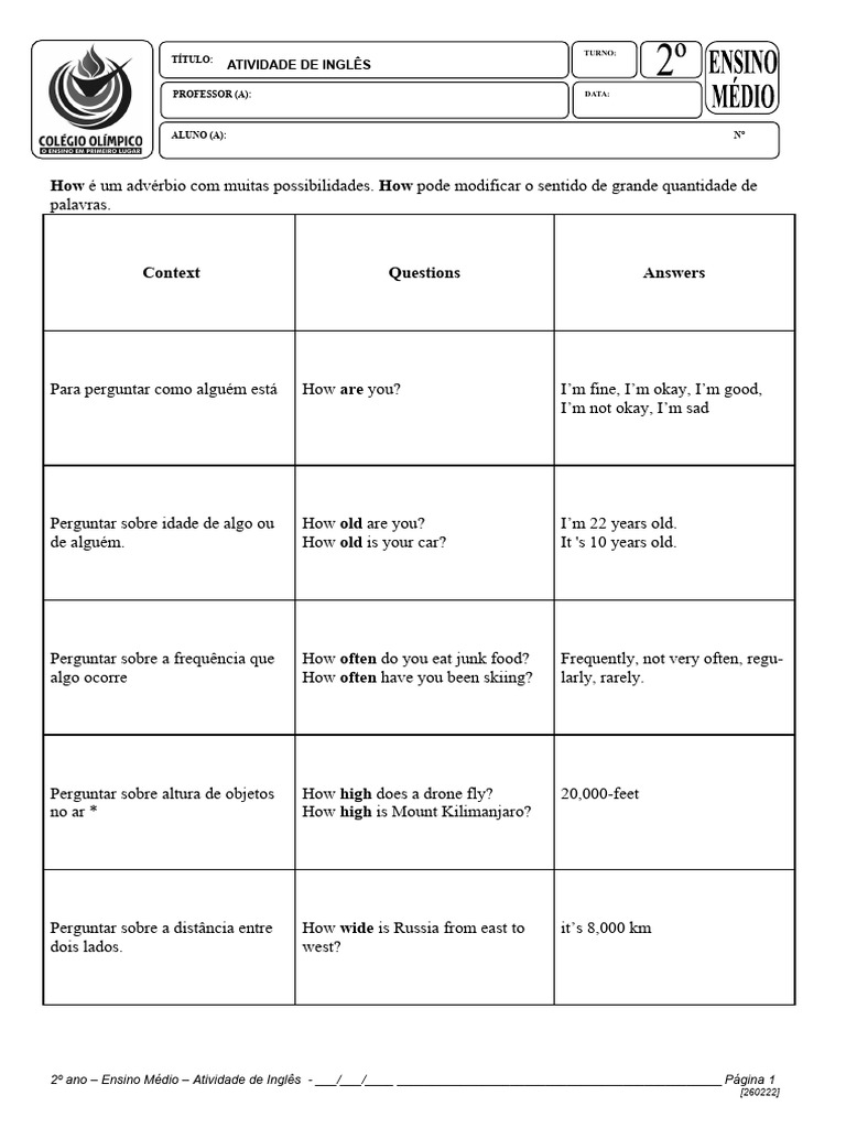 2º Ano EM - Atividade de Inglês 02-03 | PDF