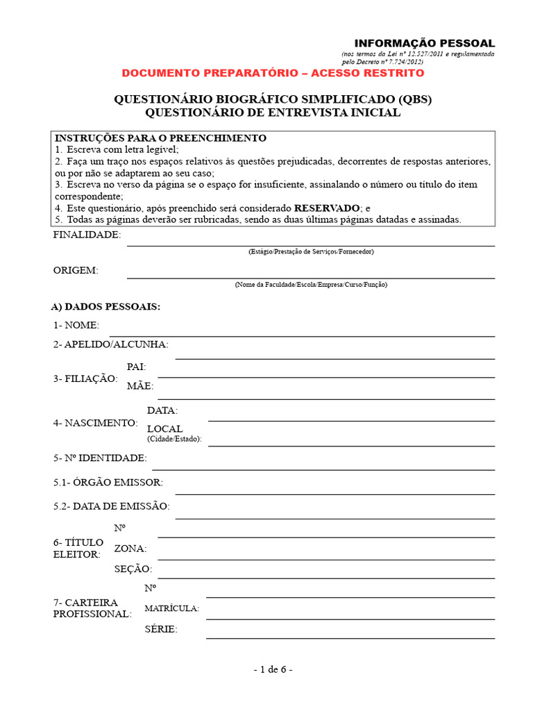 Questionário Biográfico Simplificado | PDF