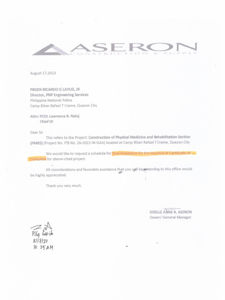 Letter For Final Inspection For The Issuance of Certificate of Complete ...