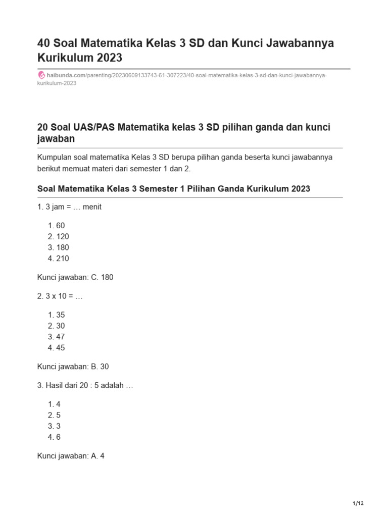 40 Soal Matematika Kelas 3 SD Dan Kunci Jawabannya Kurikulum 2023 | PDF