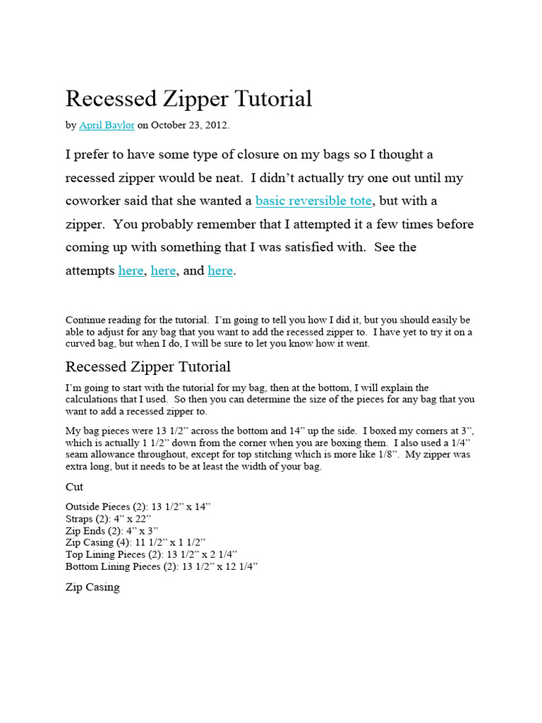 Recessed Zipper Tutorial PDF Seam (Sewing) Sewing