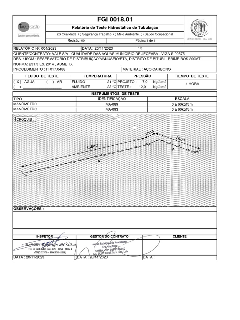 Relatório de Teste Hidrostatico em Bituri | PDF | Pressão | Medição de ...