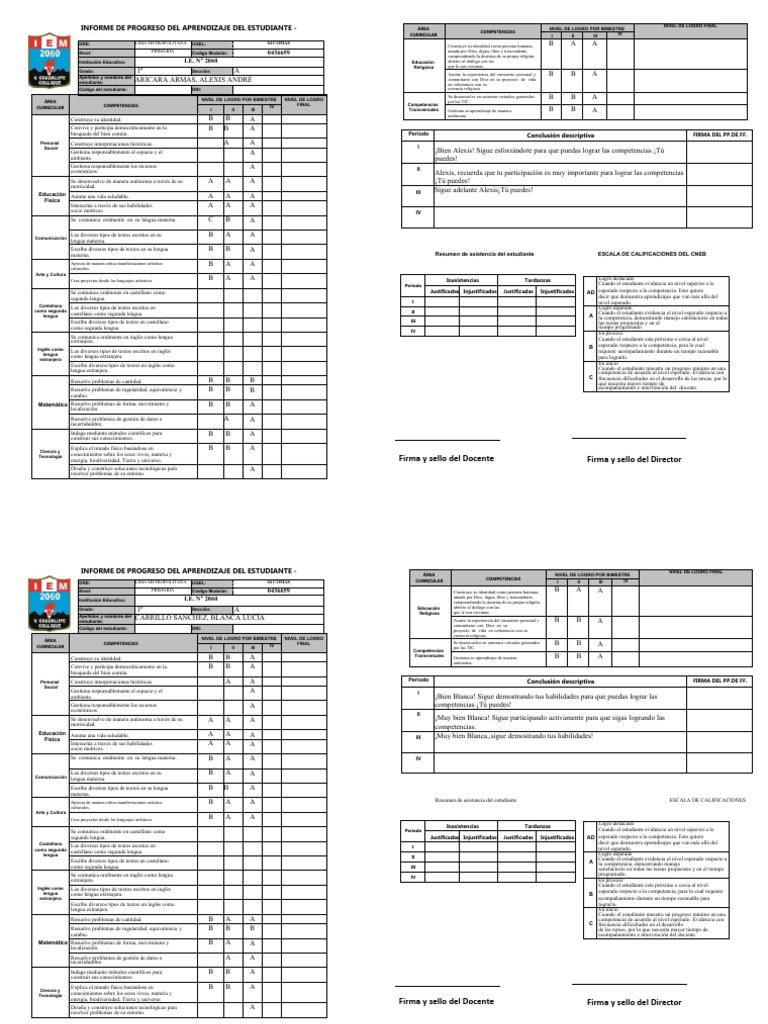 Informe de Progreso de Aprendizaje de Estudiante PRIMARIA Final | PDF ...