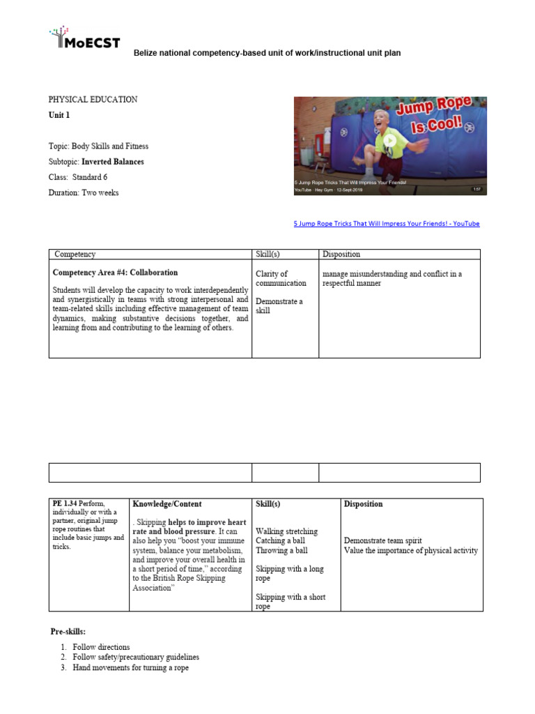 Standard 6 Physical Education Cycle 1 PDF Balance Ability