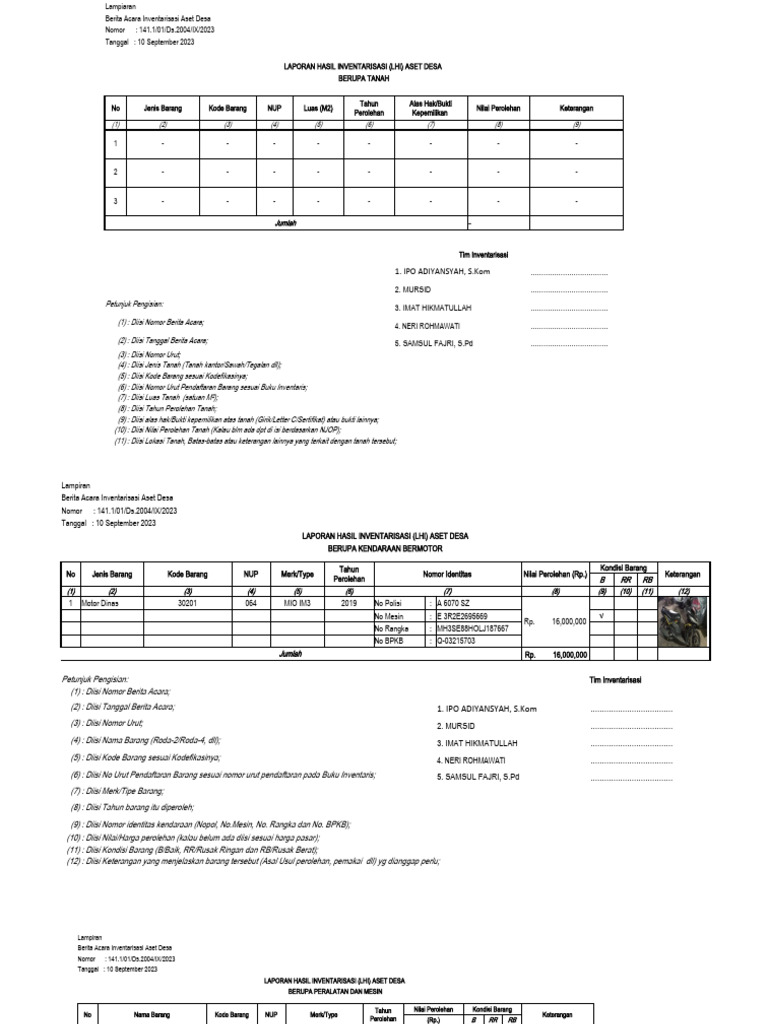 Form Laporan Hasil Inventaris Aset Desa Bulakan | PDF