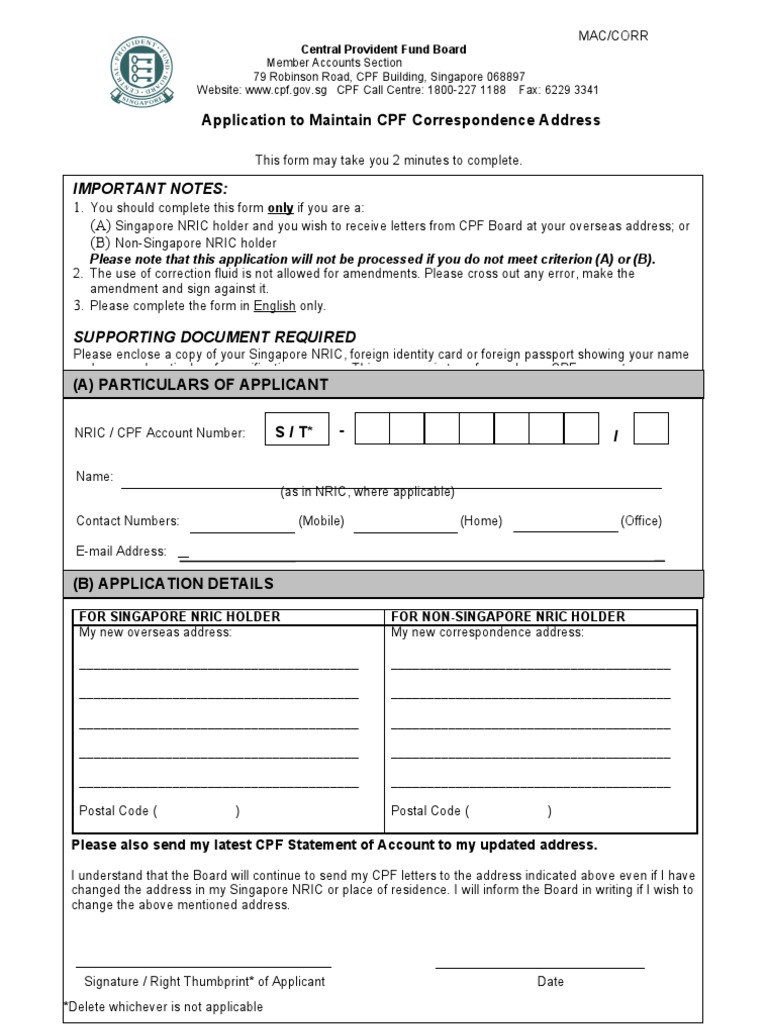CPF Address Change Application Form | PDF | Business | Finance & Money ...