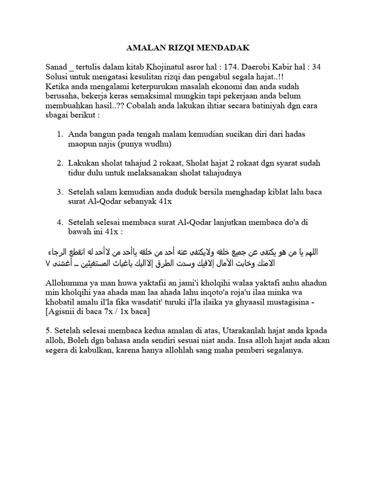 Amalan Rizqi untuk Solusi Ekonomi | PDF