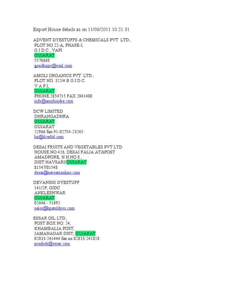 Exporters in Vapi, Gujarat List | PDF