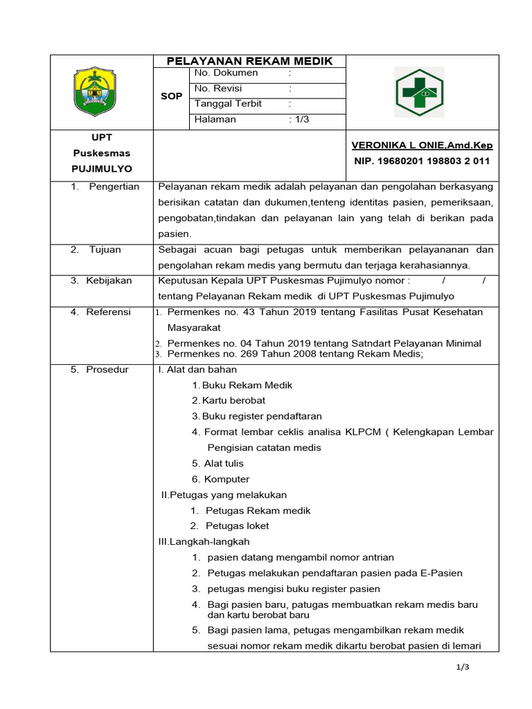 Sop Pelayanan Rekam Medik | PDF