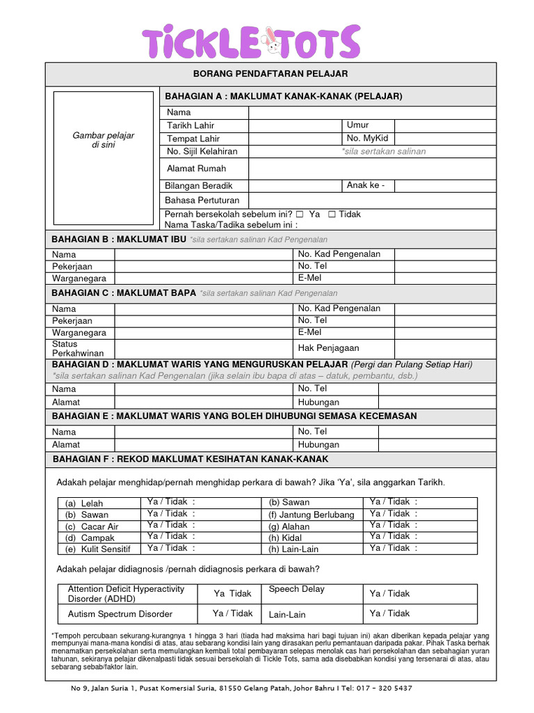 Tickle Tots Student Registration Form 2024 PDF