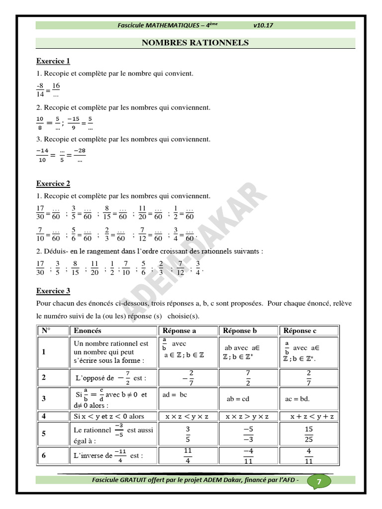 Exercices sur les Nombres Rationnels pour la 4ème | PDF | Concepts ...