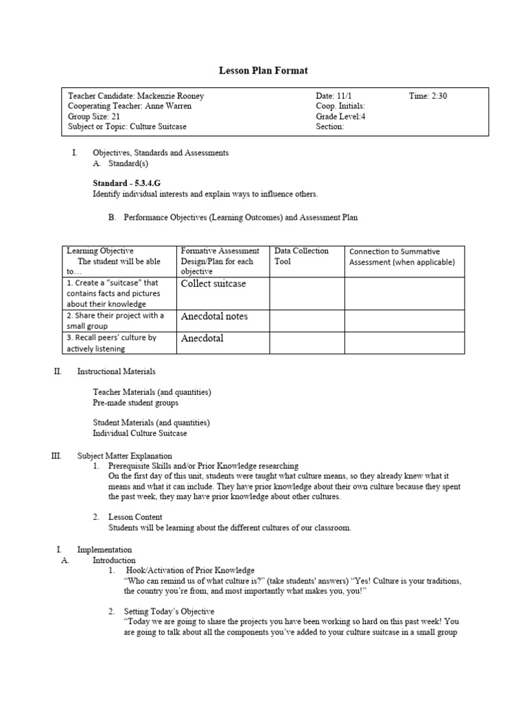 Culture Suitcase Lesson Plan PDF Educational Assessment Communication