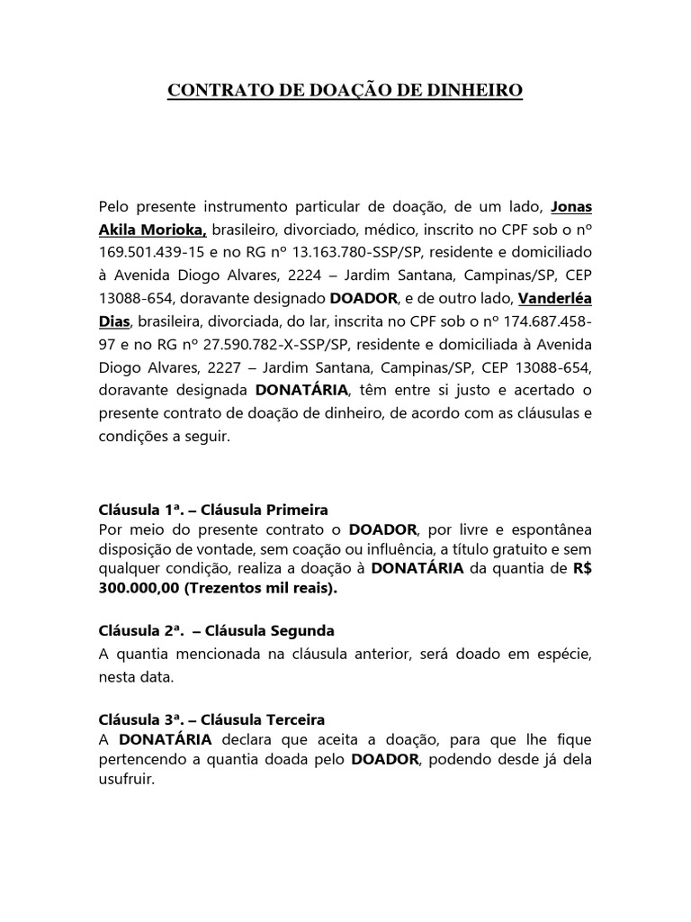 Contrato de Doação de Dinheiro | PDF