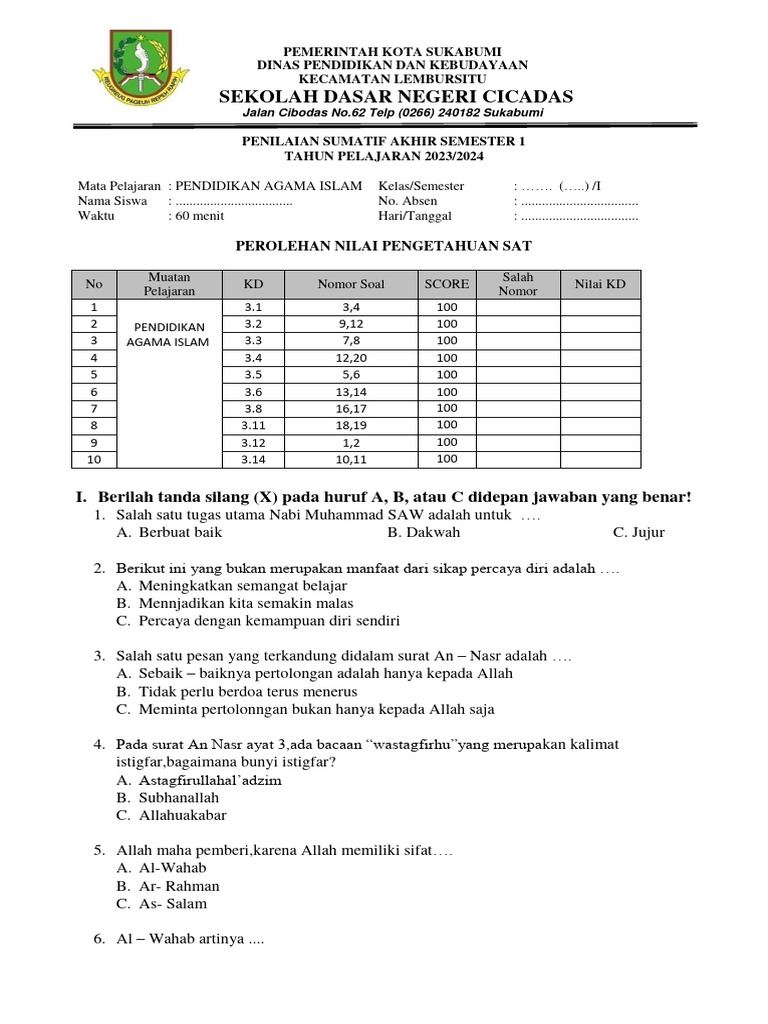 Contoh Soal K13 PAI Kelas 3 Semester 1: Memahami Nilai-Nilai Agama Islam dalam Kehidupan Sehari-hari