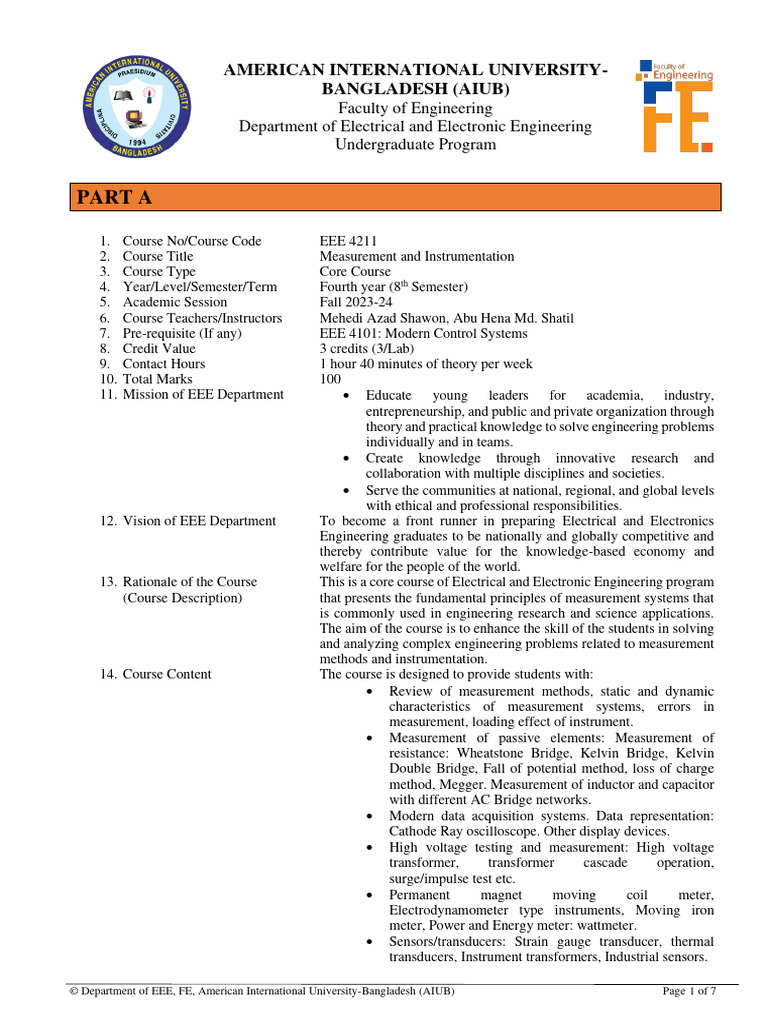 Measurement and instrumentation theory course outline mehedi azad
