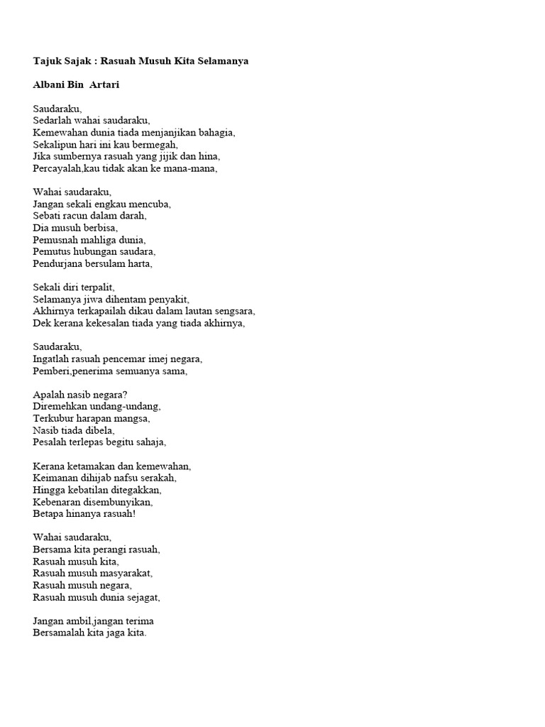 Rasuah: Musuh Kita Selamanya | PDF | Ilmu Sosial | Puisi