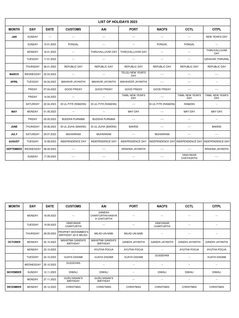 List of holidays 2023 pdf religious holidays festival