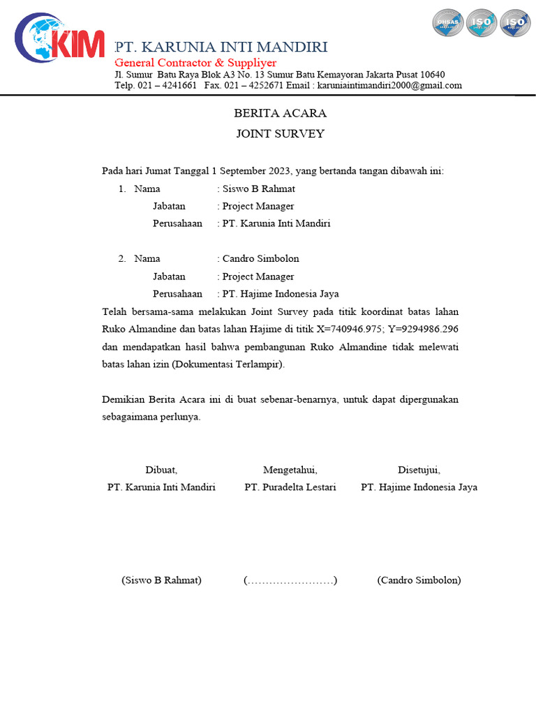 Berita Acara Joint Survey Ruko Almandine | PDF | Bisnis | Pengelolaan ...