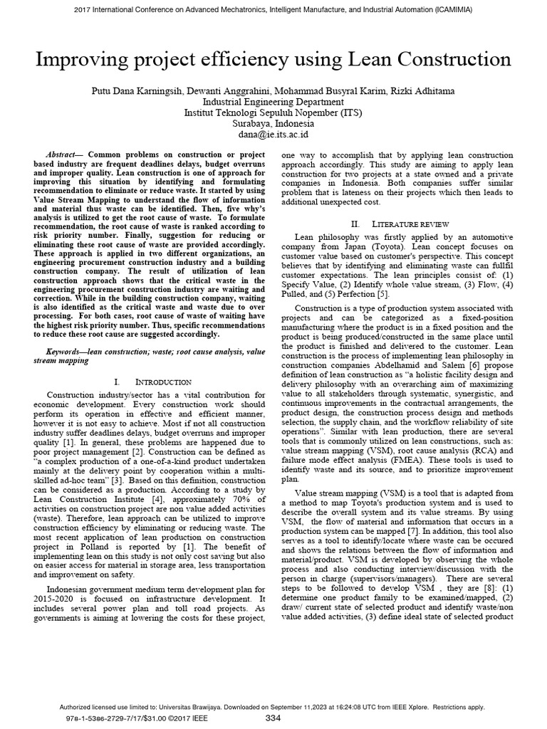 Improving Project Efficiency Using Lean Construction Pdf Lean