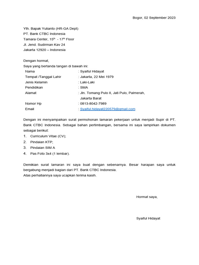 Surat Lamaran PT Bank CTBC | PDF