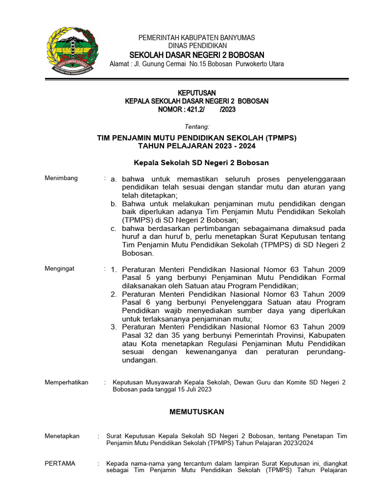 Tim Penjamin Mutu Pendidikan SD 2023/2024 | PDF