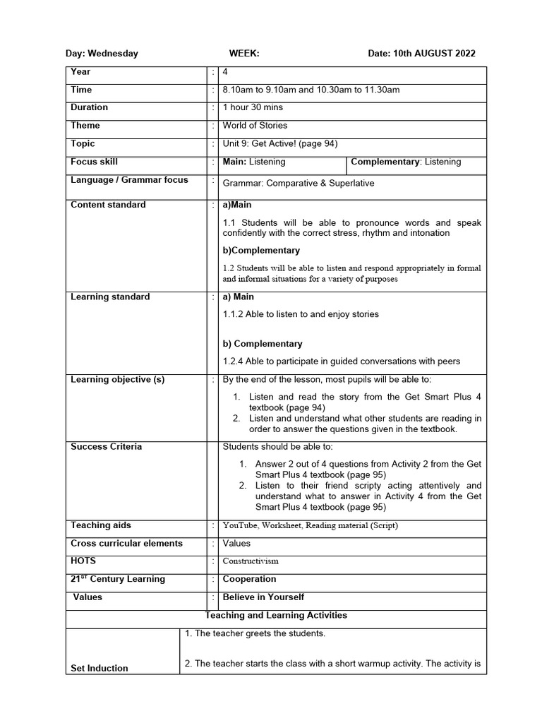 Lesson Plan Year 4 Get Active Pdf Teachers Lesson Plan