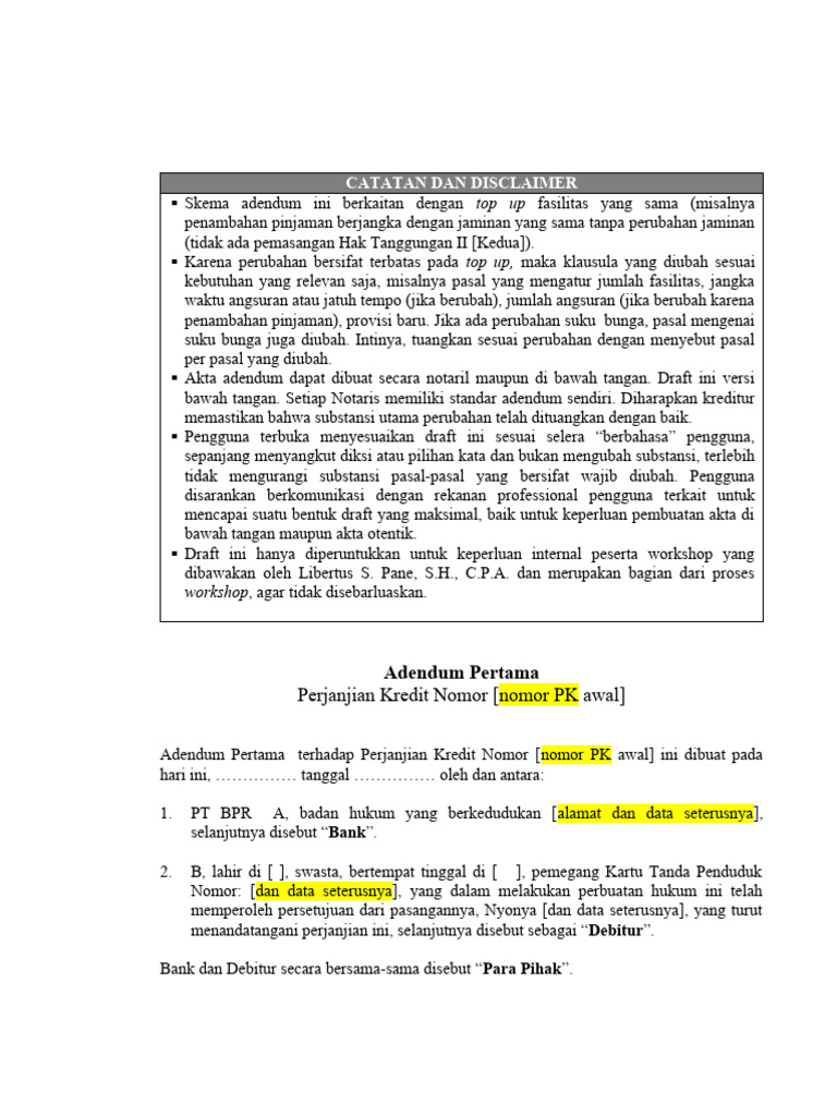 Adendum Perjanjian Kredit Angsuran | PDF | Pengelolaan Keuangan & Uang ...