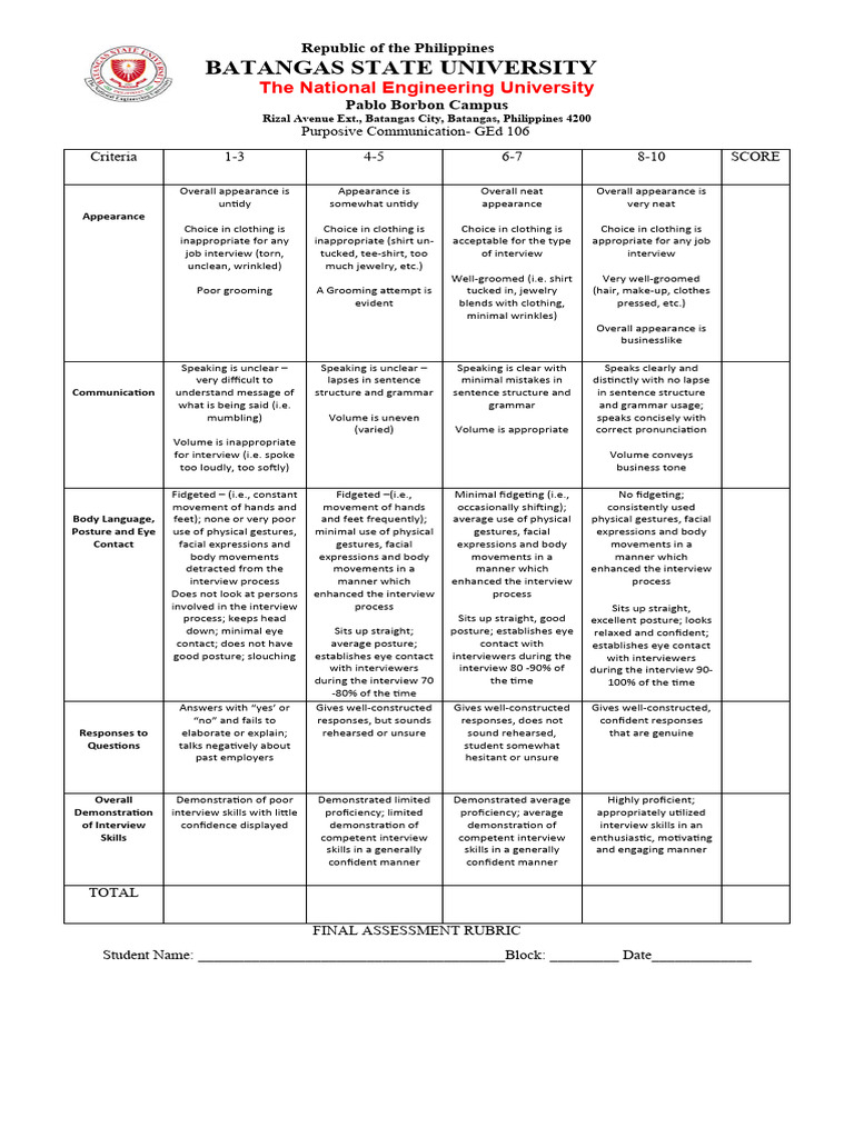 Rubric final assessment ged 106 pdf linguistics communication
