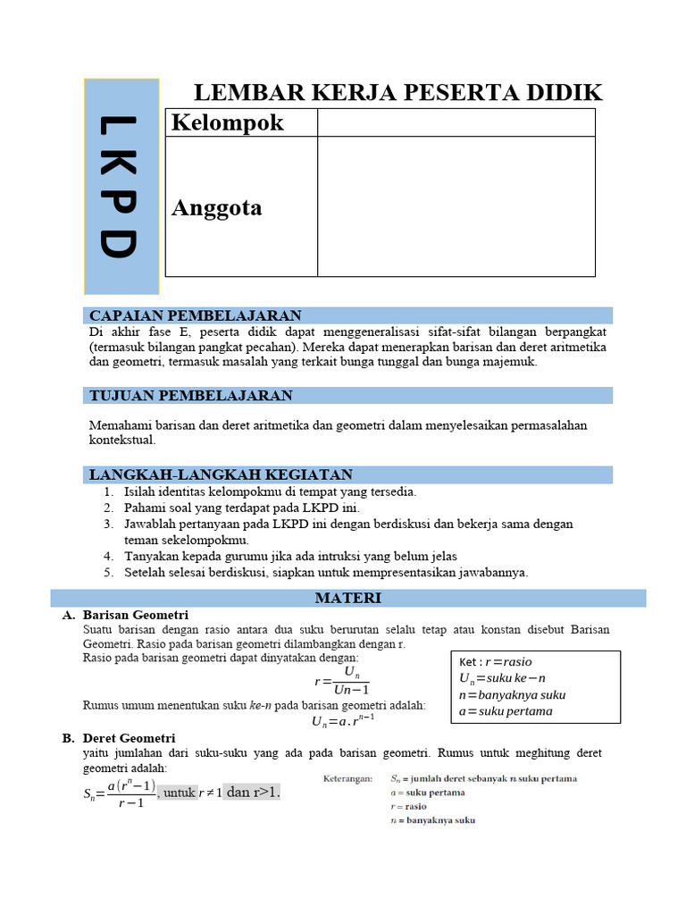Lkpd Barisan Dan Deret Geometri Pdf