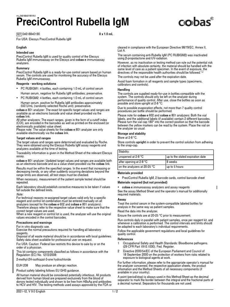 PreciControl Rubella IgM Quality Control | PDF | Assay | Immunoassay