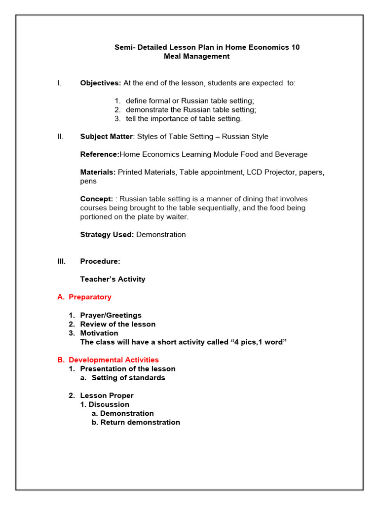 Detailed Lesson Plan in Home Economics 7 | PDF | Lesson Plan | Tableware