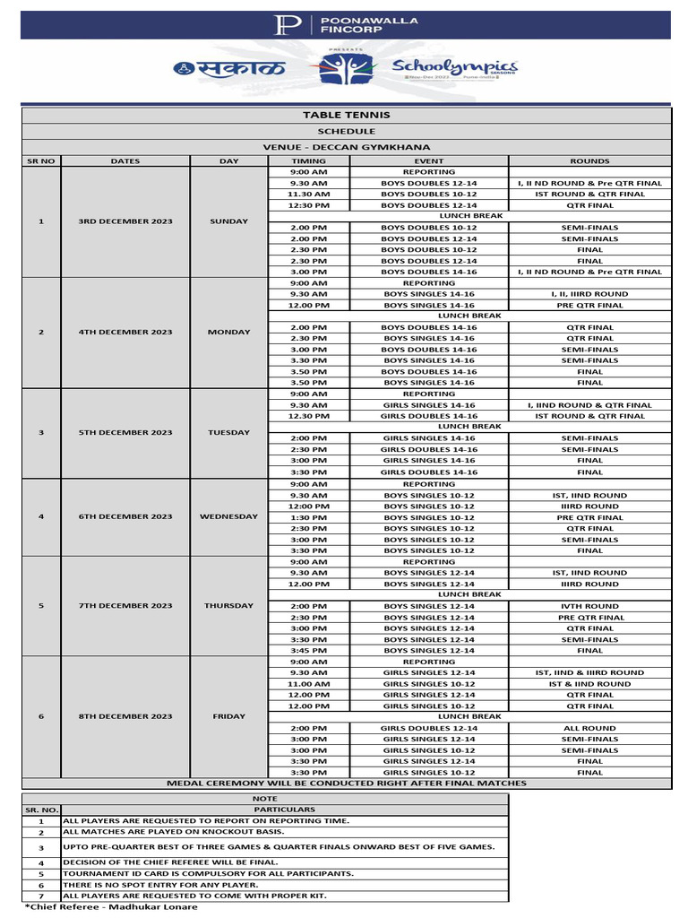 Table Tennis Schedule 2023 PDF Sports Sports Competitions