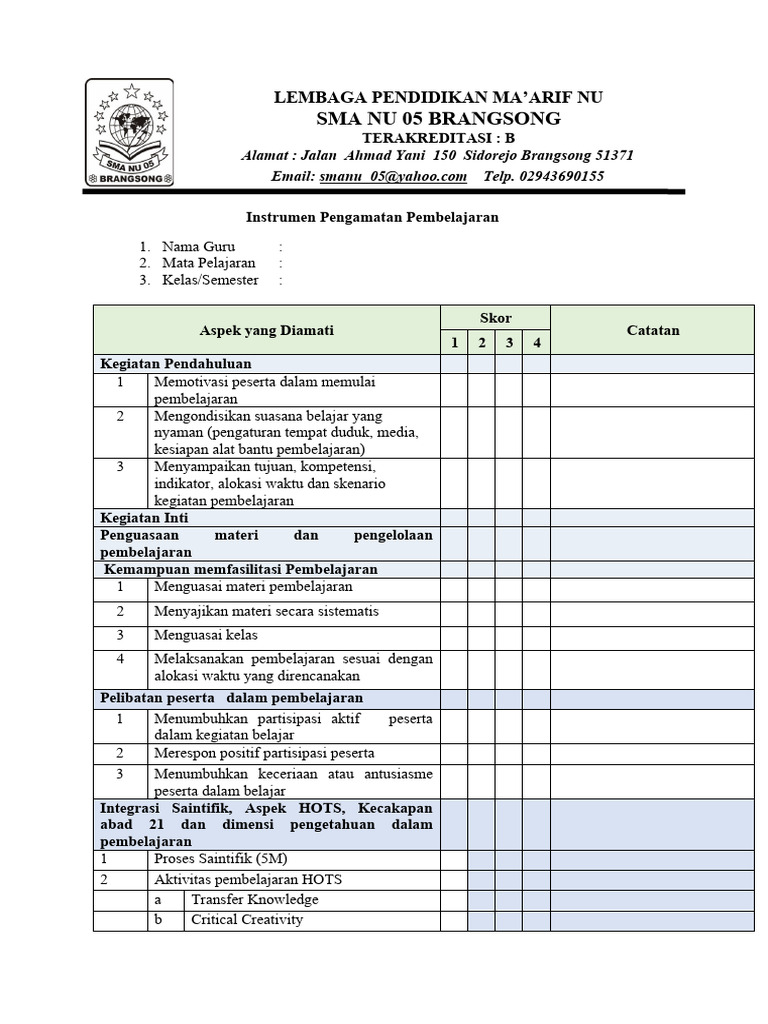 Instrumen Penilaian Pembelajaran SMA NU 05 | PDF