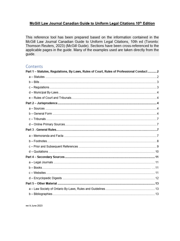 McGill Guide to Legal Citation, 10th Ed. | PDF | Case Citation | Citation