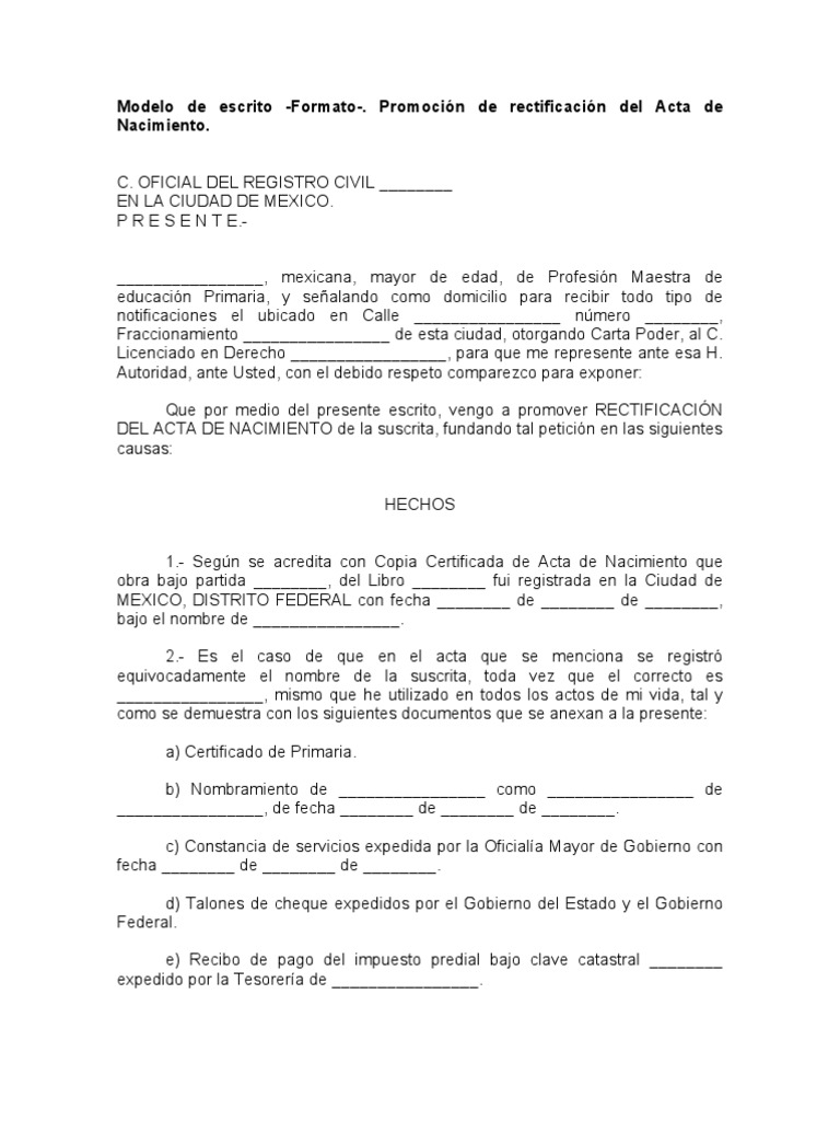 Modelo de escrito -Formato-. Promoción de rectificación 