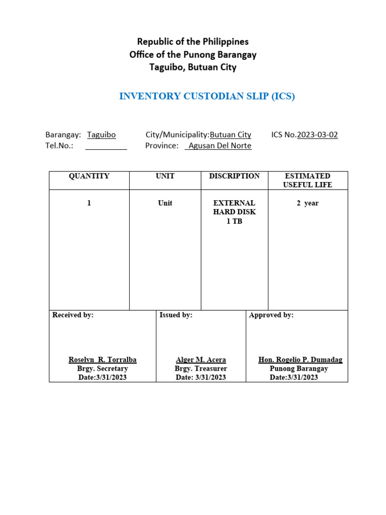 Ics Inventory Custodian Slip PDF