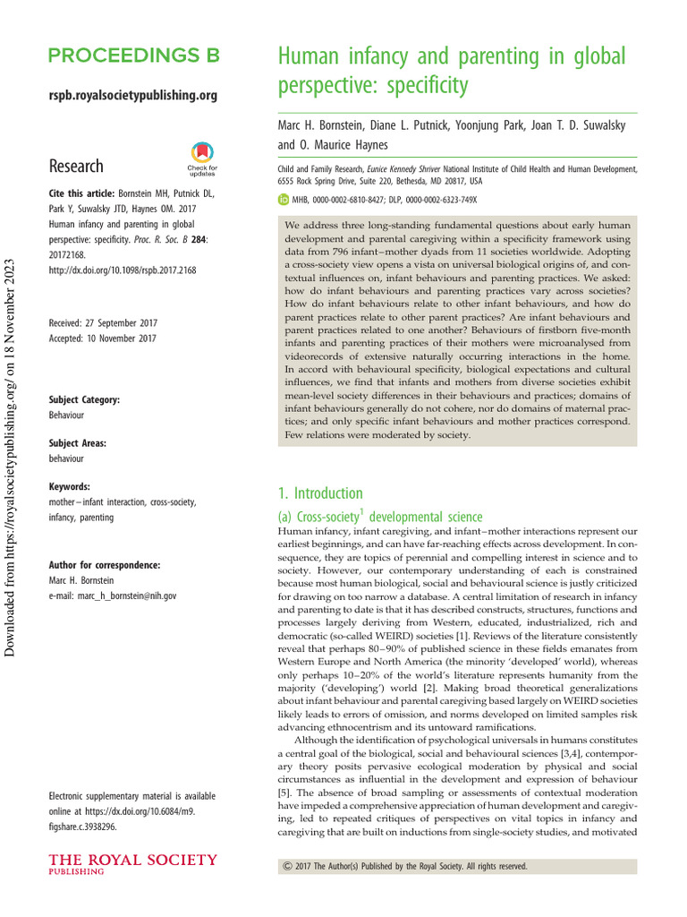 Bornstein et al 2017 human infancy and parenting in global perspective