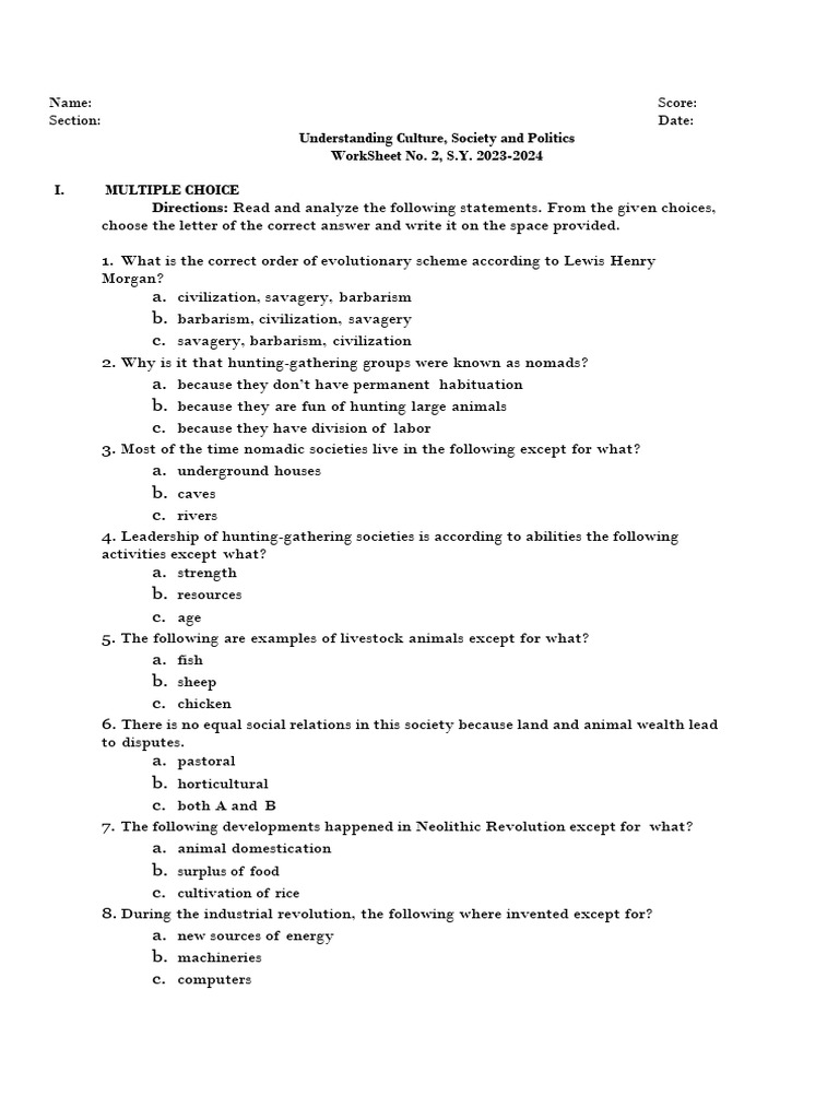 Culture, Society, and Politics Worksheet | PDF | Homo
