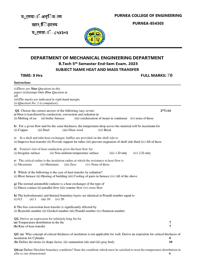 HMT End-Sem Exam Paper 2023 | PDF | Heat Transfer | Heat