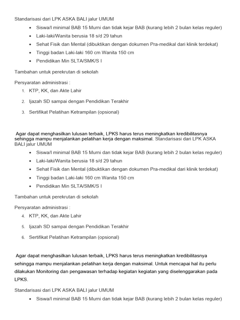 Standarisasi LPK ASKA Bali Jalur Umum | PDF