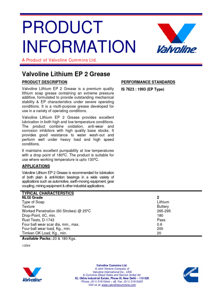 Valvoline Lithium Ep2 Grease PDF Mechanical Engineering Materials