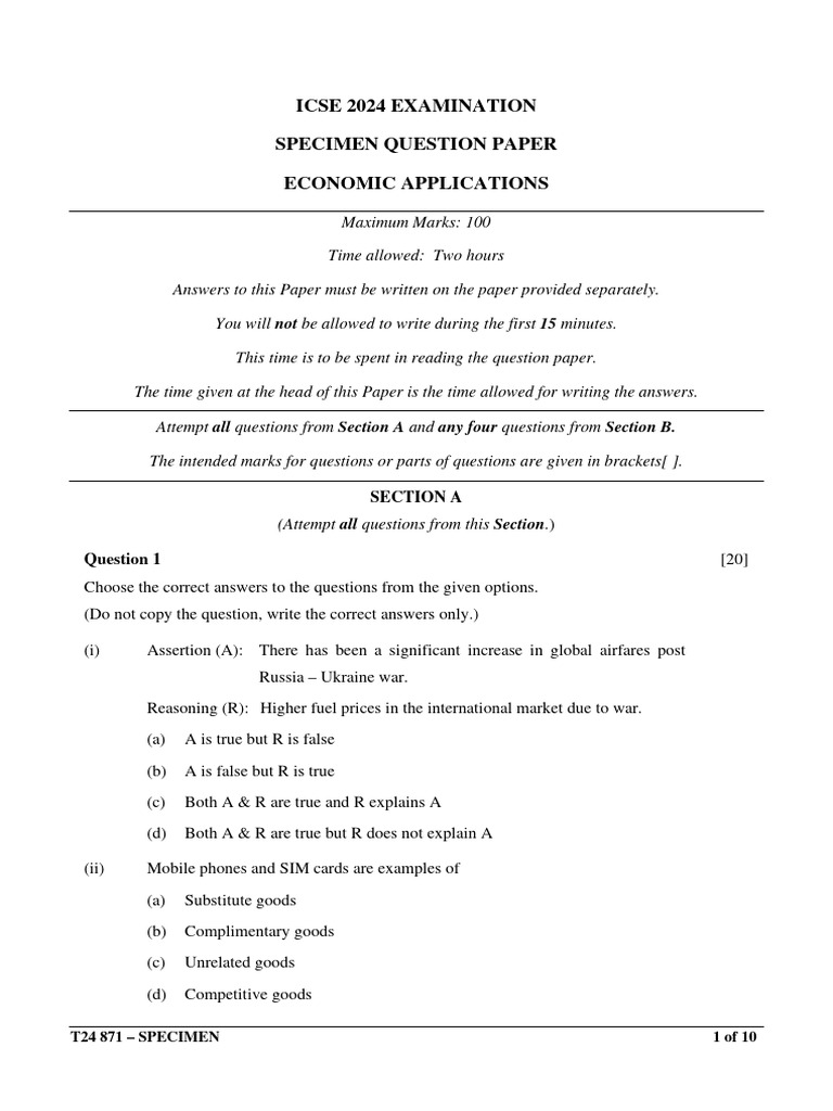 ICSE 2024 Economic Applications Specimen | PDF | Taxes | Price ...