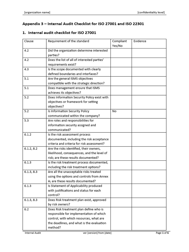 ISO 27001 Internal Audit Checklist | PDF | Information Security | Risk