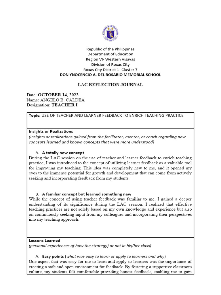 LAC Reflection Journal: Feedback Insights | PDF | Learning | Teachers