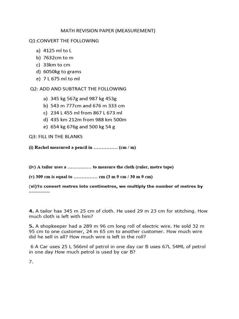 Measurement Math Revision Exercises | PDF