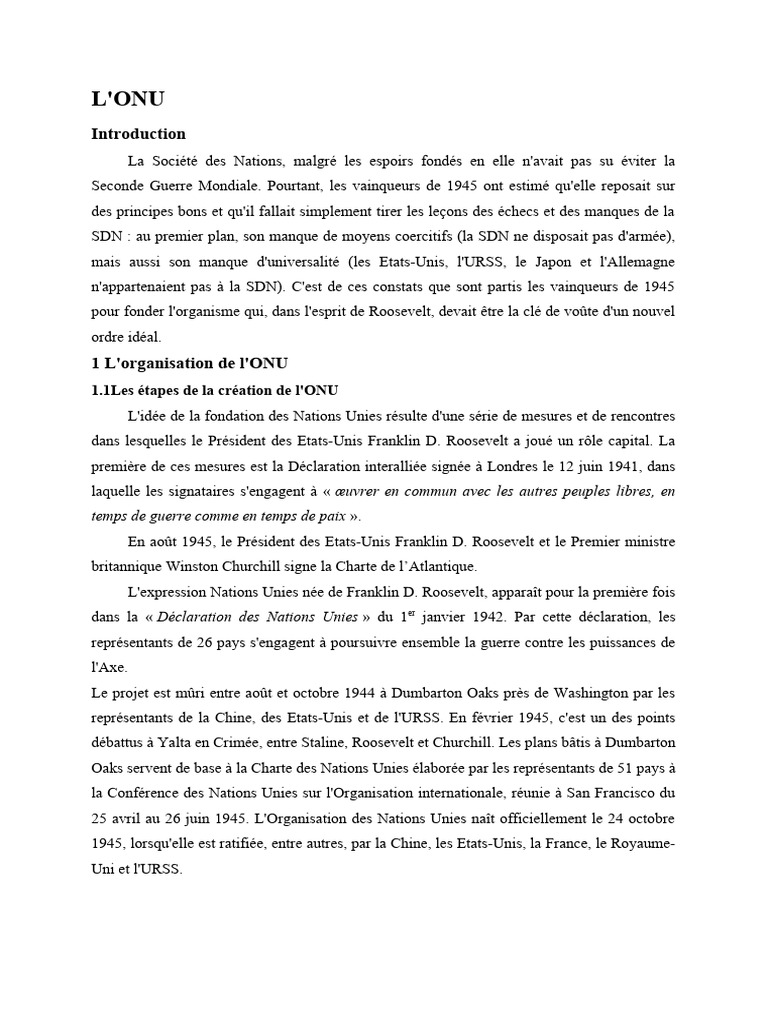 Histoire et organes de l'ONU | PDF | Nations unies | Relations ...