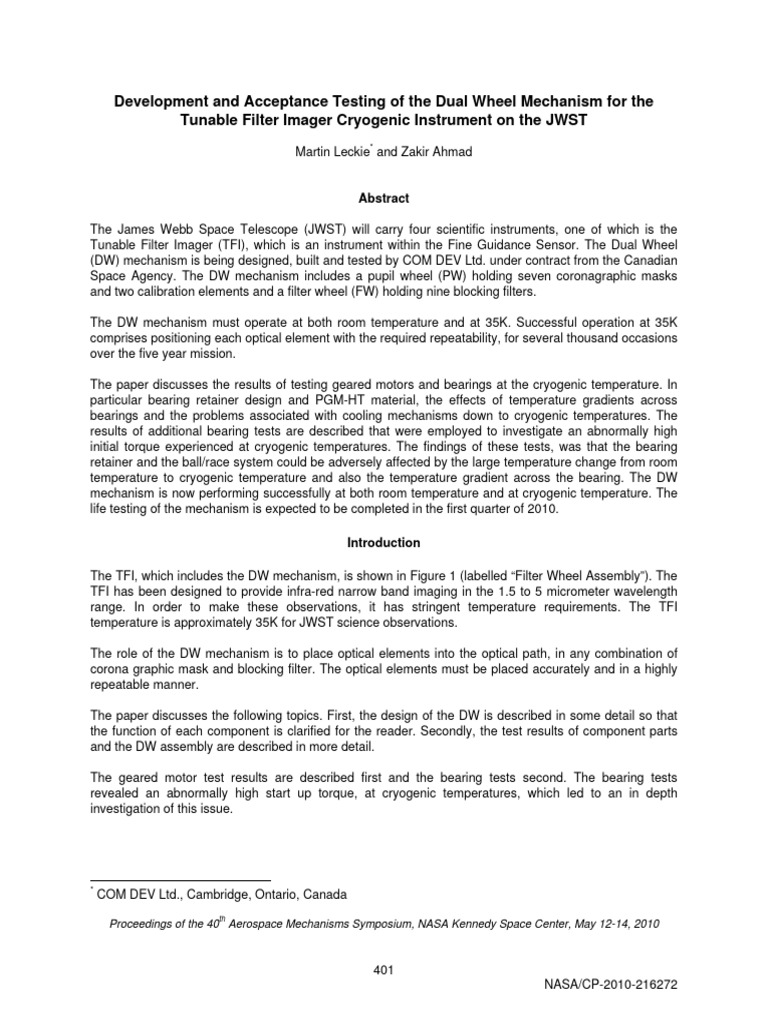 JWST Filter Wheel PDF Electric Motor Gear
