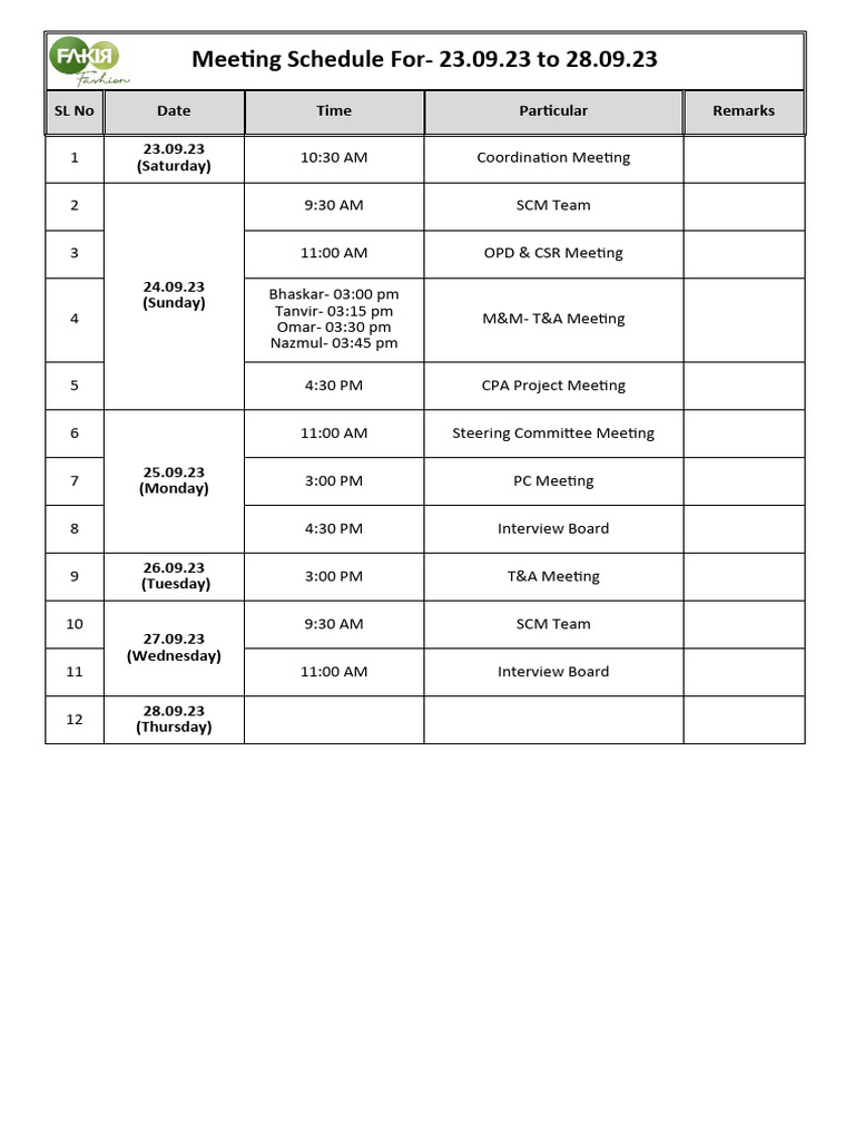 COO Meeting Schedule PDF