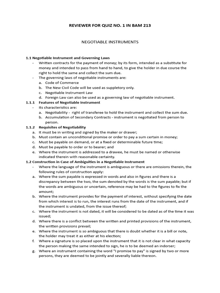 Reviewer On Quiz 1 | PDF | Negotiable Instrument | Cheque